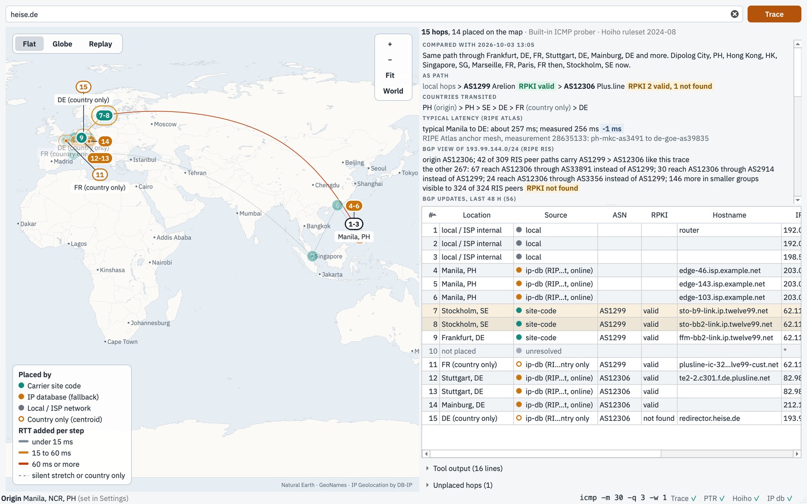 Today's live run compared with the run of 3 October: the earlier path through Hong Kong, Singapore, Marseille and Paris faint and dashed, and the summary saying the route now goes through Stockholm