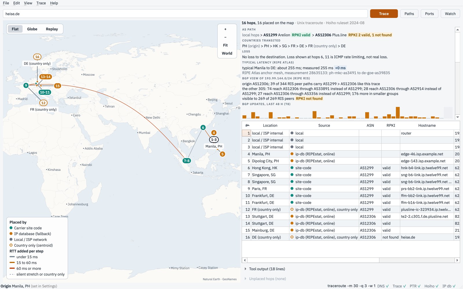 Route Map with a saved trace from Manila to heise.de: the route on the map, and the hop table with each hop's place and the source of that place (RIPEstat and RIPE Atlas data of 26 Oct 2026)
