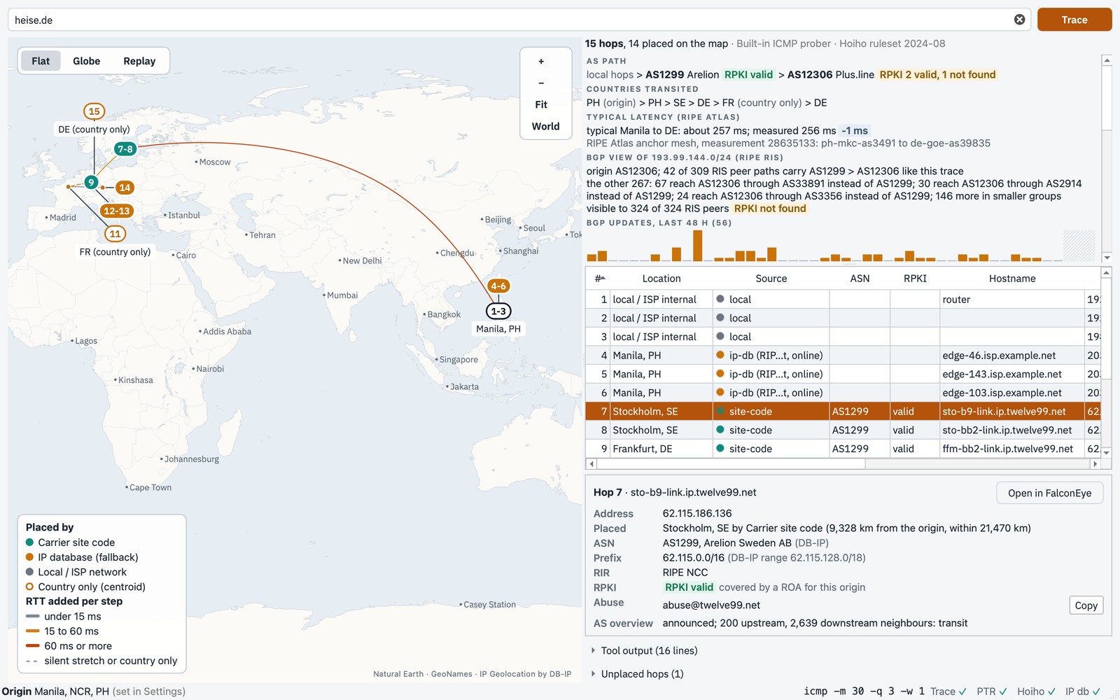 Route Map 0.2.0-beta.3 with a live trace from Manila to heise.de: great-circle lines through Stockholm and Frankfurt to Stuttgart, coloured by the round-trip time each step added; beside the map the AS path with RPKI badges, the countries crossed, a RIPE Atlas baseline, the RIS view and 48 hours of BGP updates; below, the hop table with ASN and RPKI, and the details of hop 7 in Stockholm