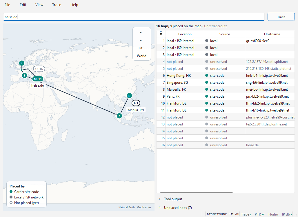 Route Map on Windows with a recorded trace to heise.de mapped from Manila